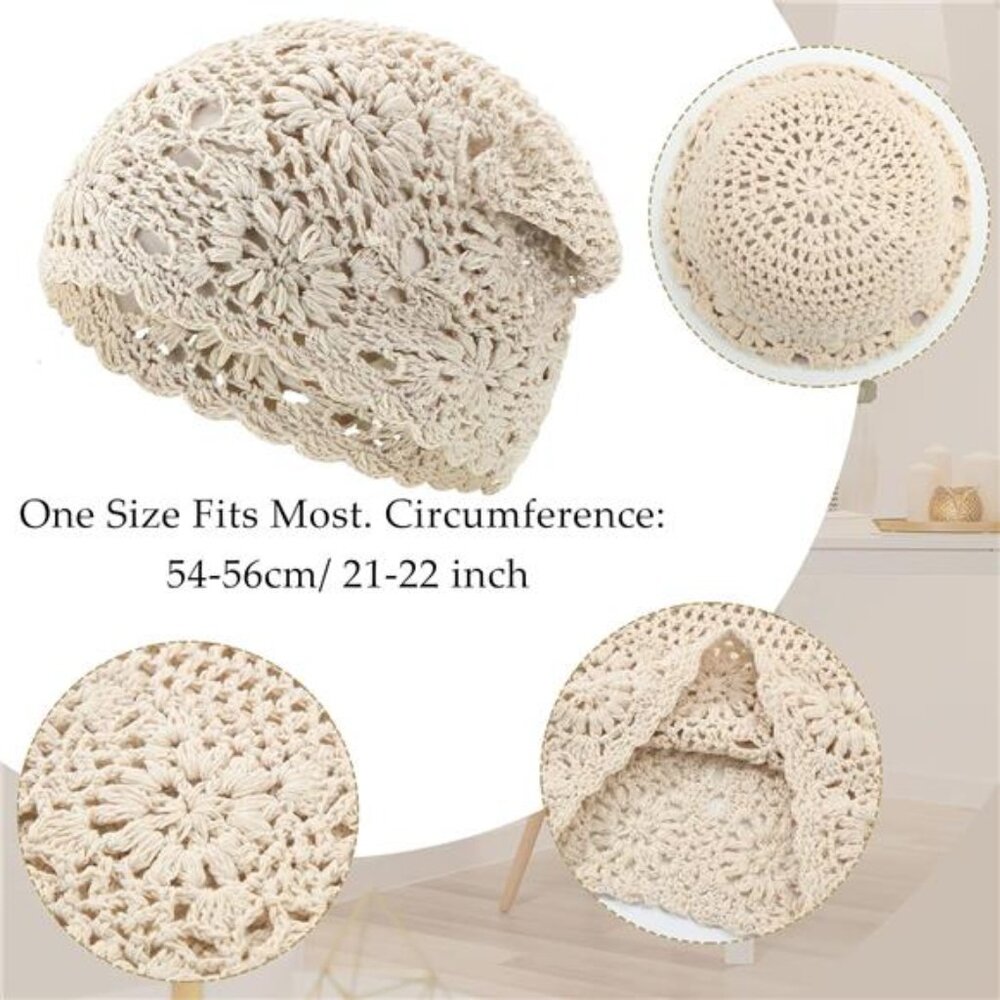 2 Pieces Floral Crochet Slouchy Beanie Hat Handmade Knit Cutout Women Floral - Picture 2 of 8